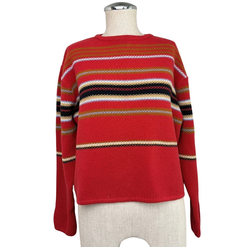 Vintage Eddie Bauer Knit Sweater Striped Boxy Crewneck Red 90s Preppy Outdoor